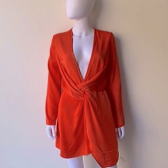 NWT NLW Orange Satin Deep Plunge Wrap Dress Medium - Picture 2 of 9
